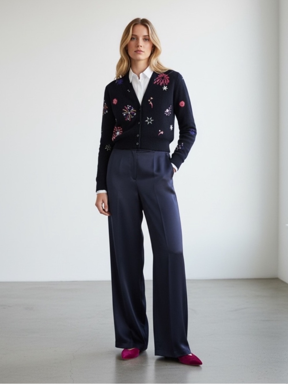 Boden Navy Blue Satin Wide Leg Trouser Pant High Waist Women’s Size 8 Petite NWT